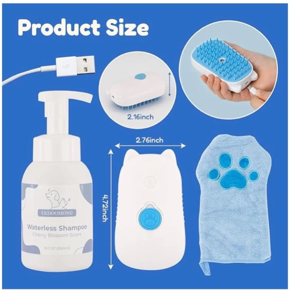 Waterless Cat dog rabbit Grooming kit brush mitt shampoo rechargeable massager